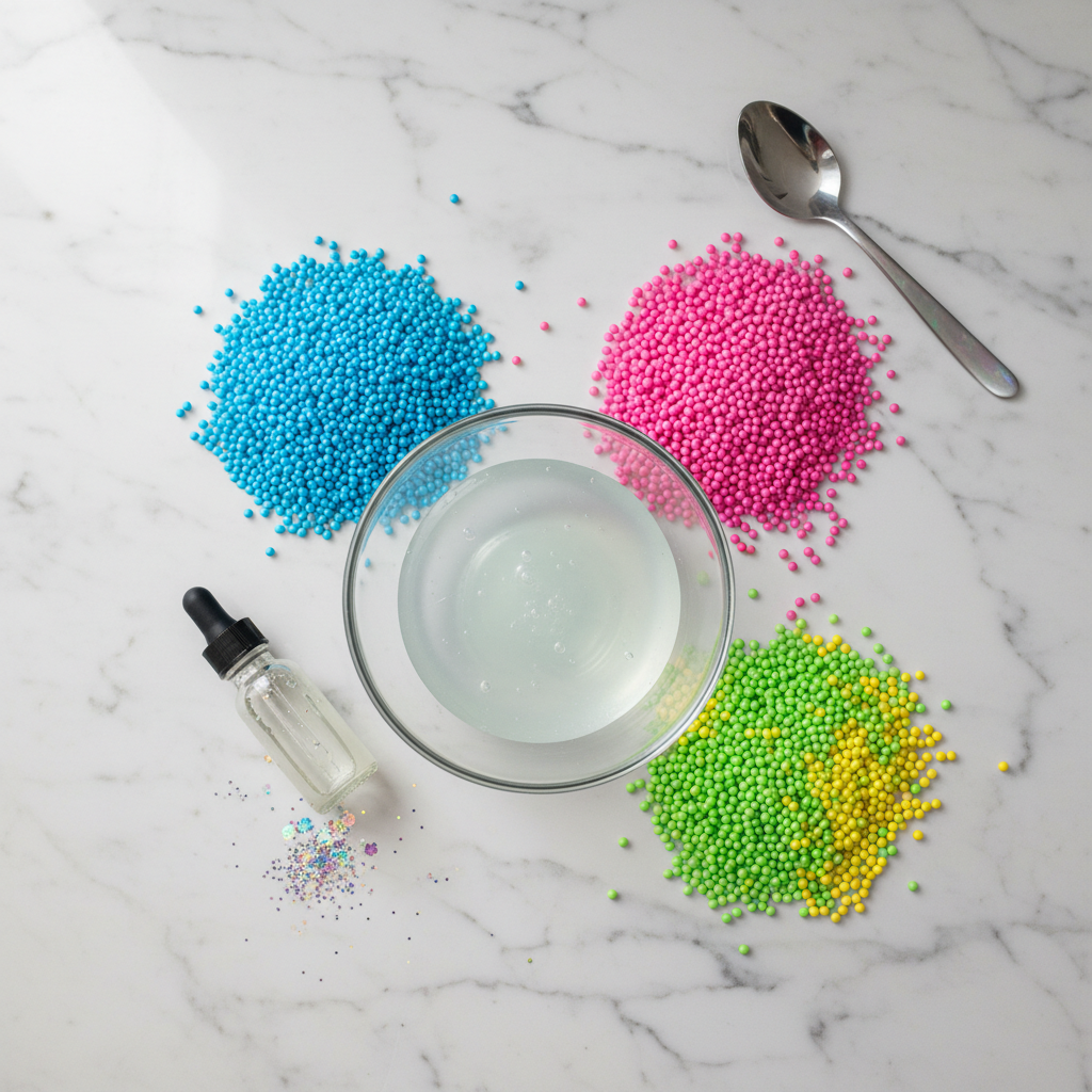 Flat lay of clear glue in a glass bowl surrounded by neon foam beads and an activator bottle on marble.