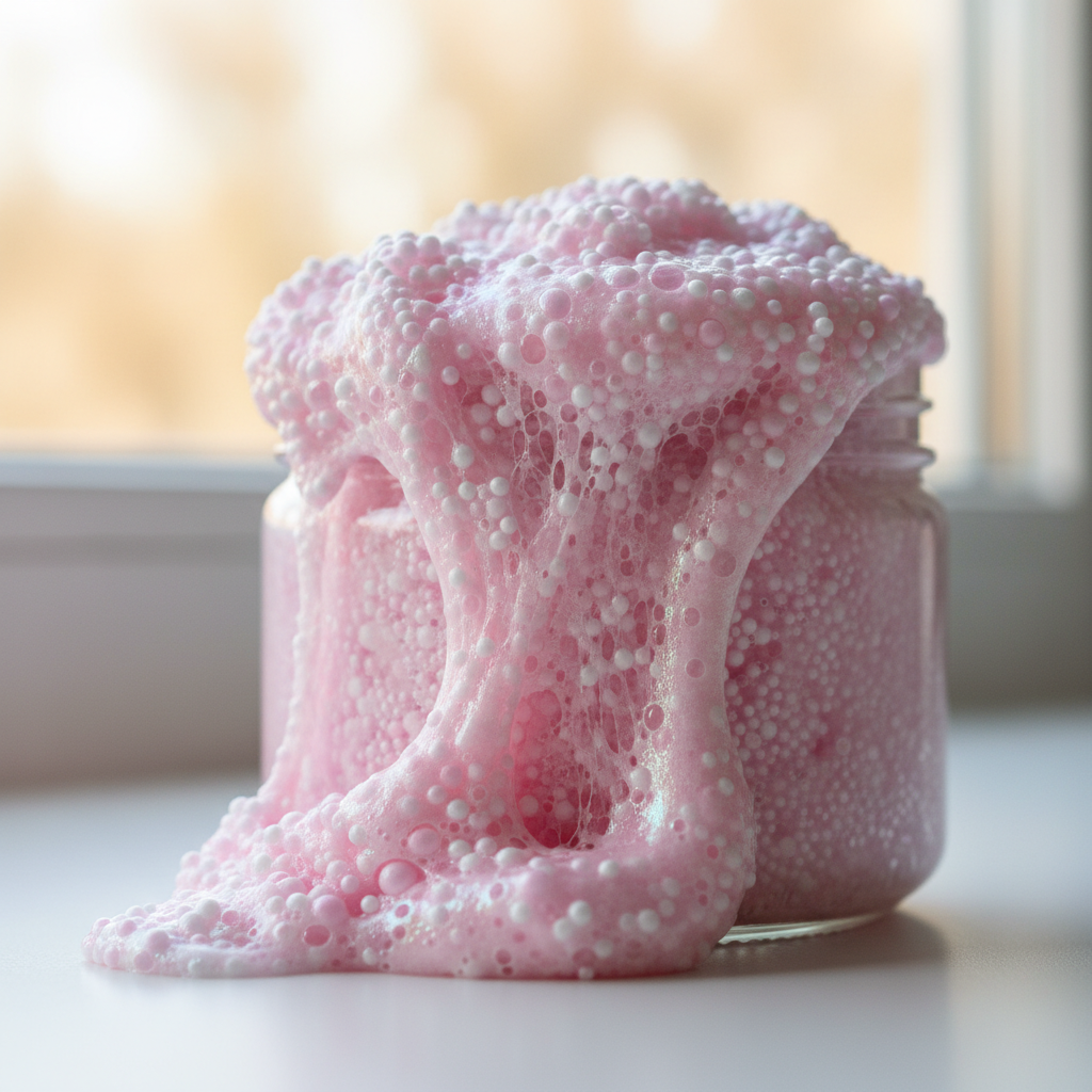 Close-up of crunchy pastel pink slime with white foam beads overflowing from a glass jar in soft light.