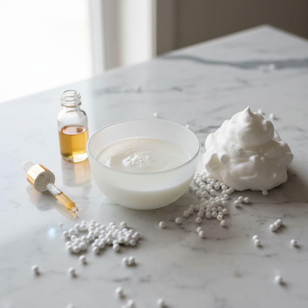 White glue, shaving foam, and white foam beads arranged on a marble surface with a glass dropper bottle.