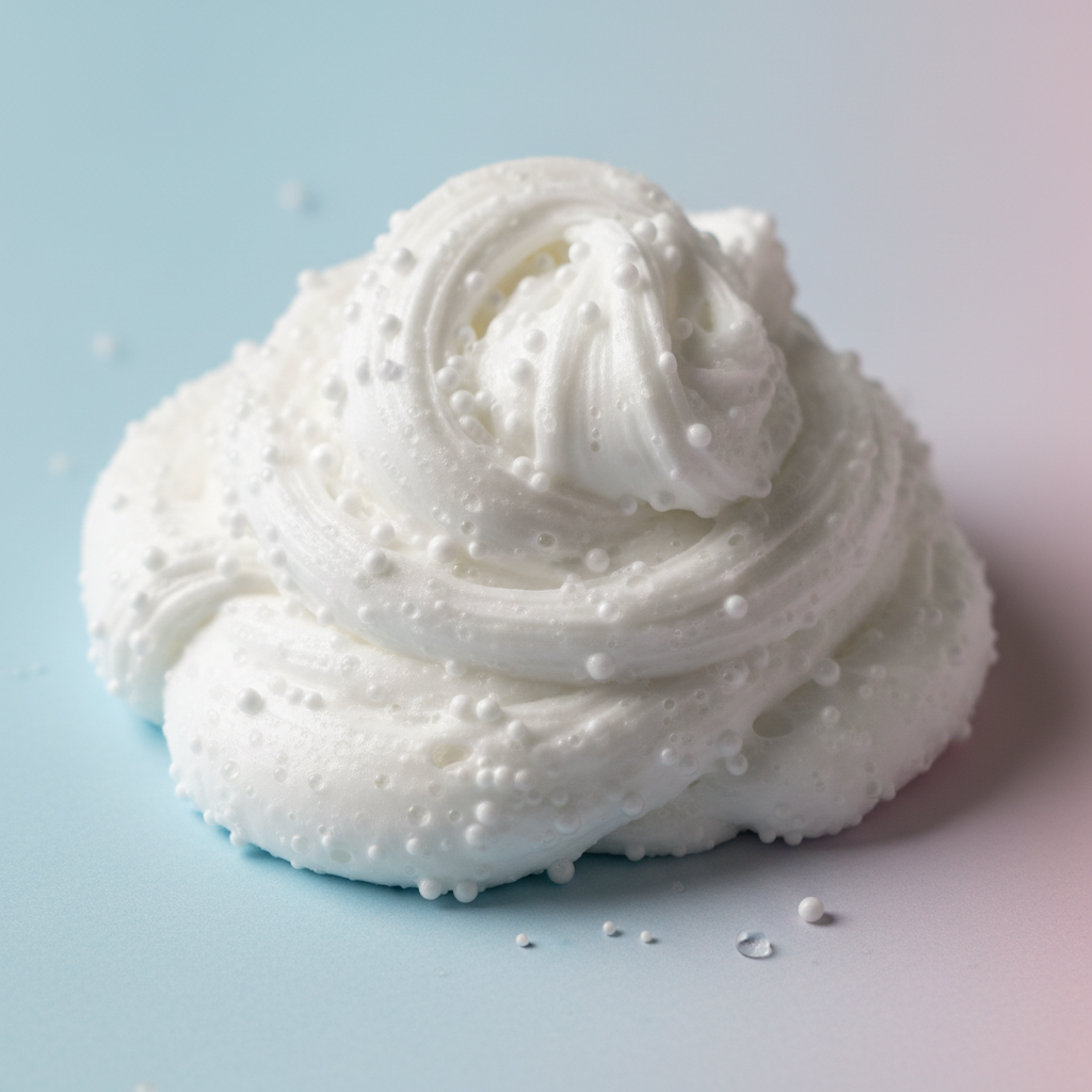 A thick, fluffy pile of white marshmallow foam slime textured with small white beads on a pastel background.