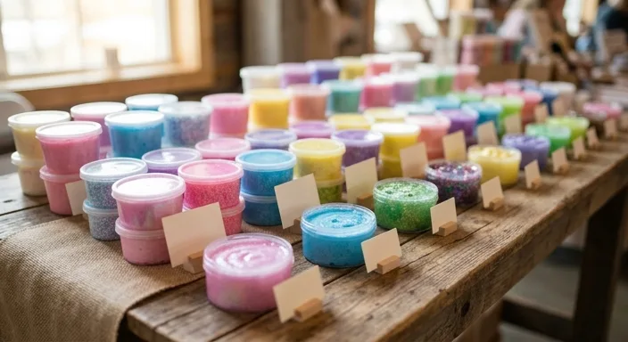 A vibrant, well-organized flea market stall display of colorful foamy slime tubs with rustic wooden accents, ready for sale.