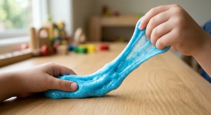 A close-up of child-like hands happily stretching vibrant blue foamy slime, showcasing its appealing texture and safe play.