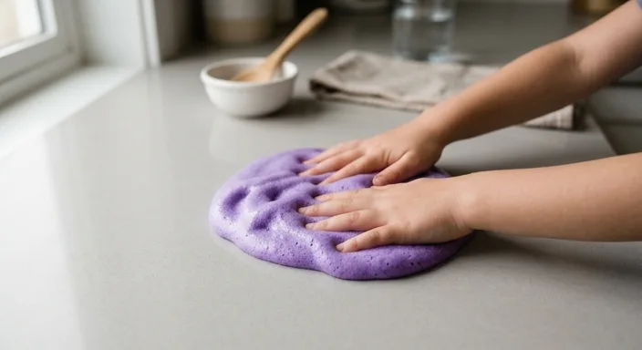 Child's hands gently kneading soft purple foamy slime on a light surface.