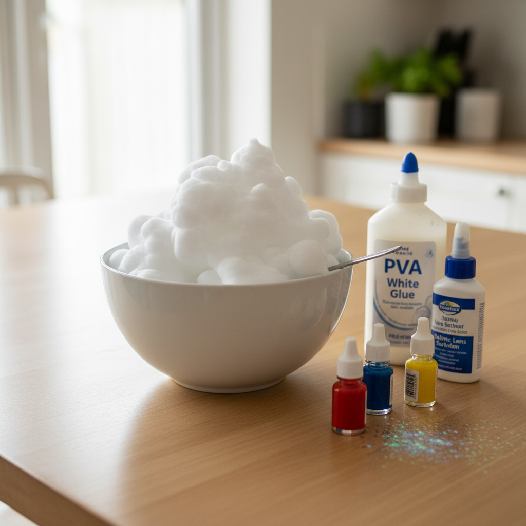 Ingredients for shaving cream slime including white glue, shaving foam, and contact solution on a wooden table.