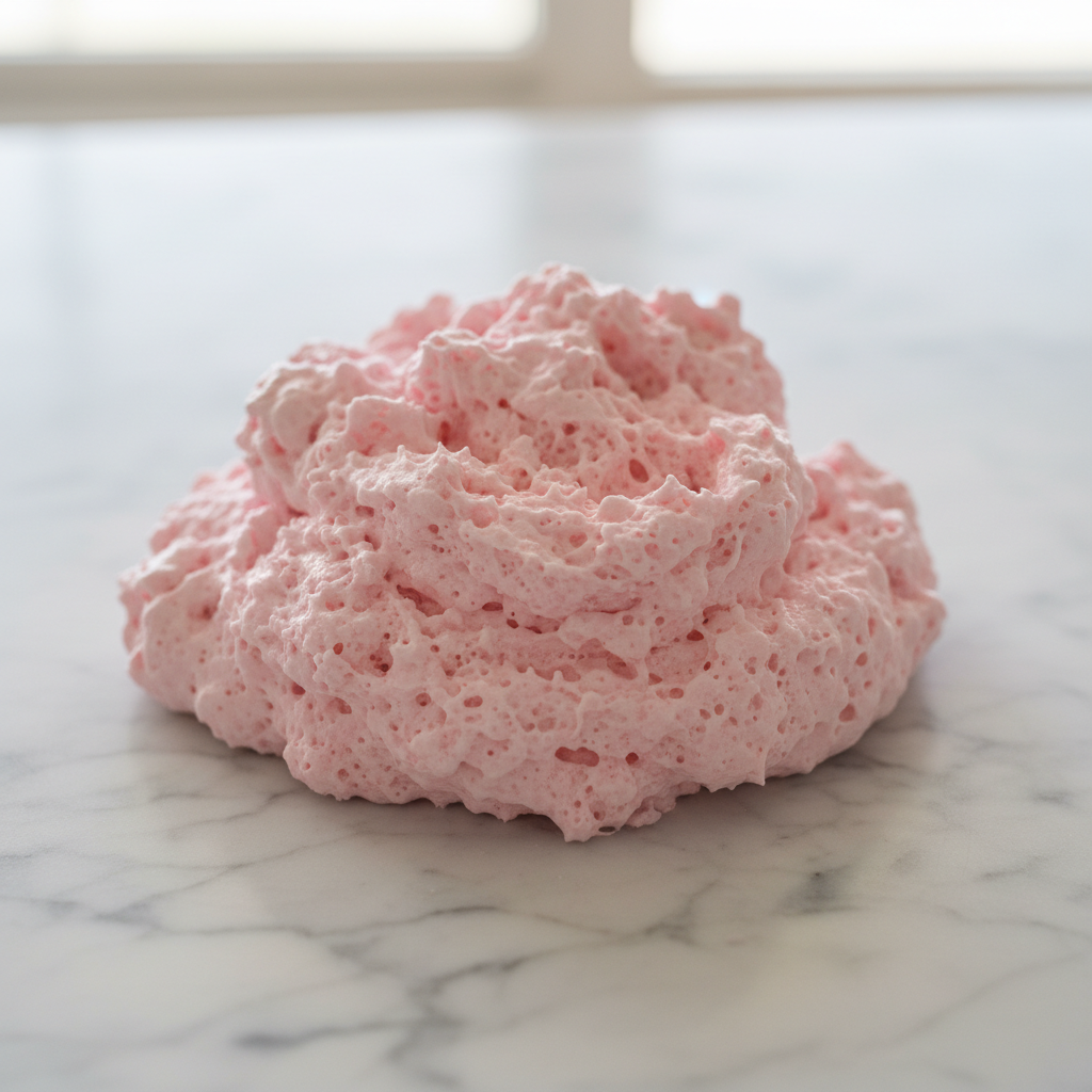 A mound of fluffy pink shaving cream slime on a white marble surface with a soft focused background.