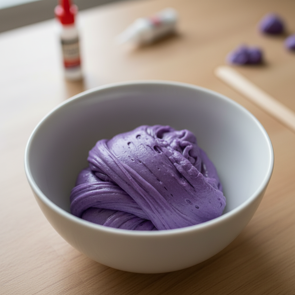 Close-up of deflated, dense purple slime in a white bowl on a wooden table under soft natural light.