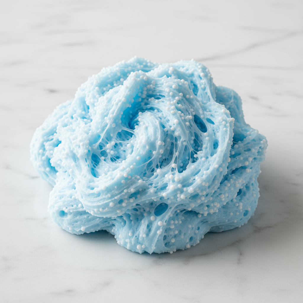 Flat lay of fluffy, aerated light blue foam slime with white beads on a marble surface in bright light.