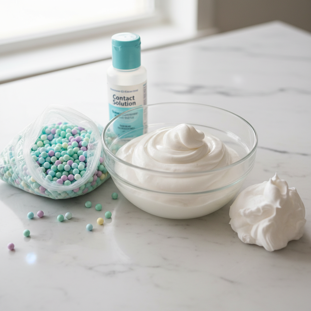 Ingredients for cloud foam slime including white glue, foam beads, and shaving cream on a white marble background.
