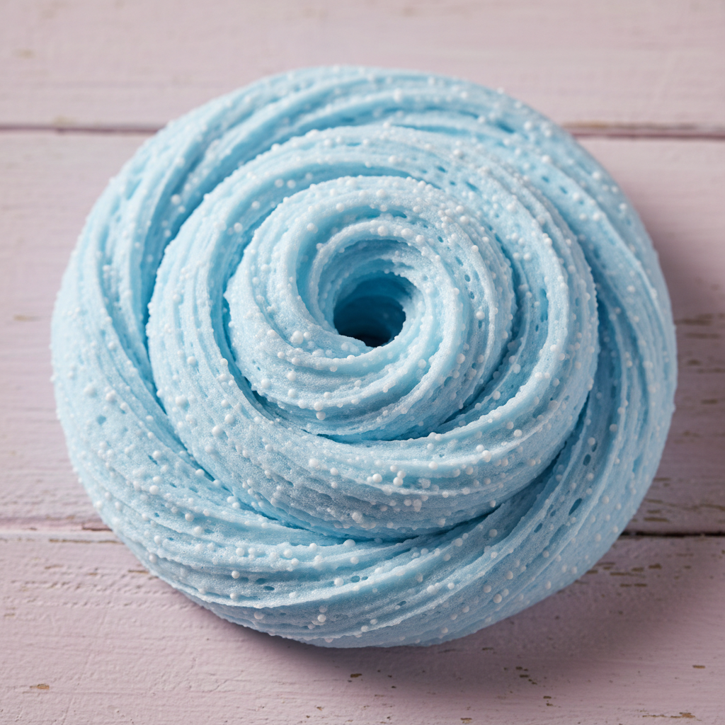 A swirl of light blue cloud foam slime with white micro-beads on a pink wooden surface, showcasing airy texture.