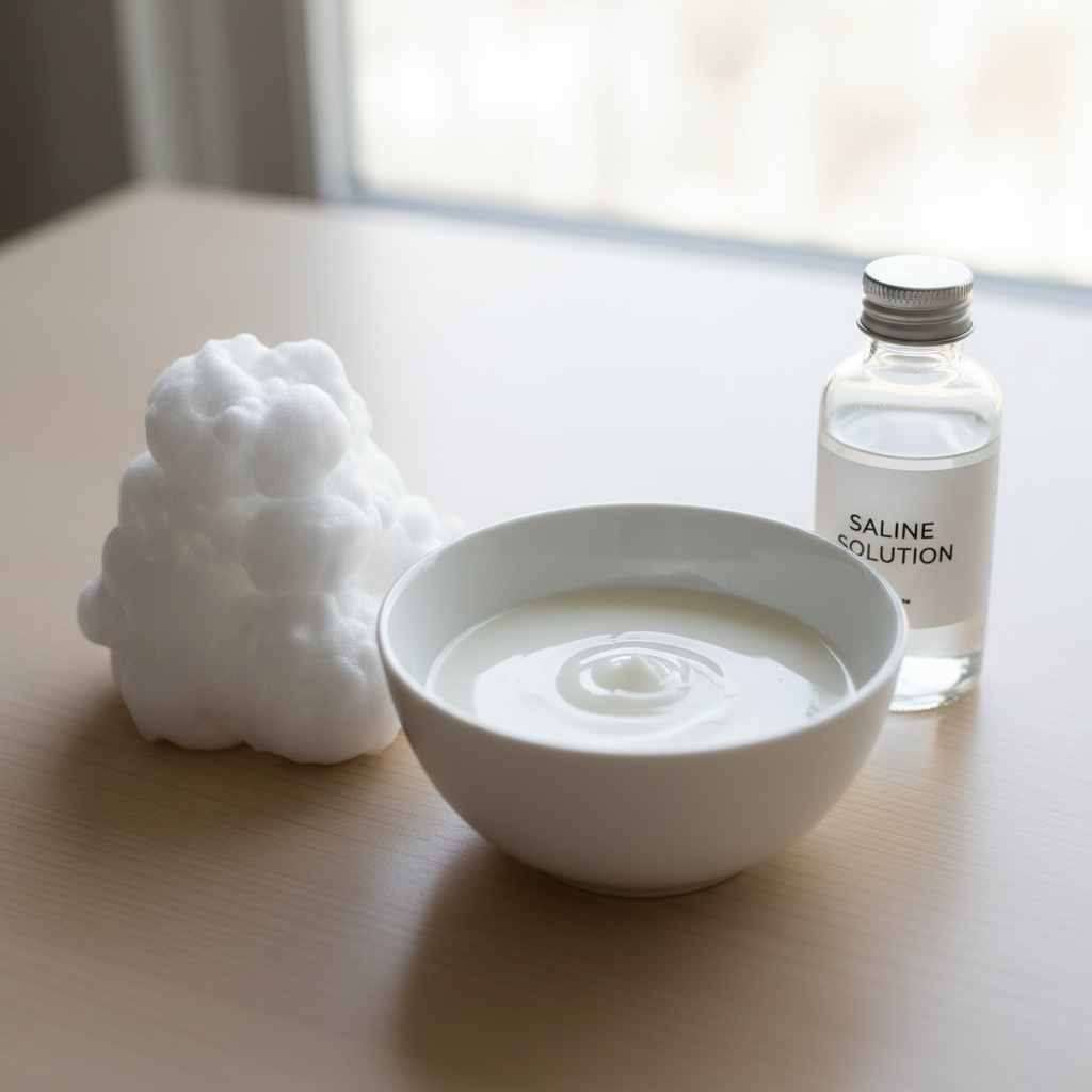 Slime ingredients including a bowl of white glue, a pile of shaving cream, and a bottle of saline on a wooden table.