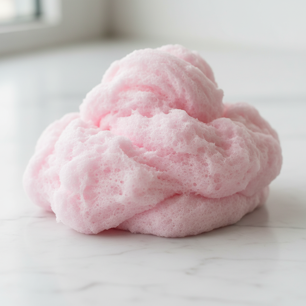 A textured mound of pastel pink fluffy slime with an airy, foamy appearance resting on a white marble countertop.