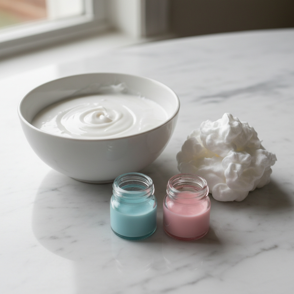 Ingredients for foamy slime including white glue, shaving cream, and pastel pigments on a white marble surface.