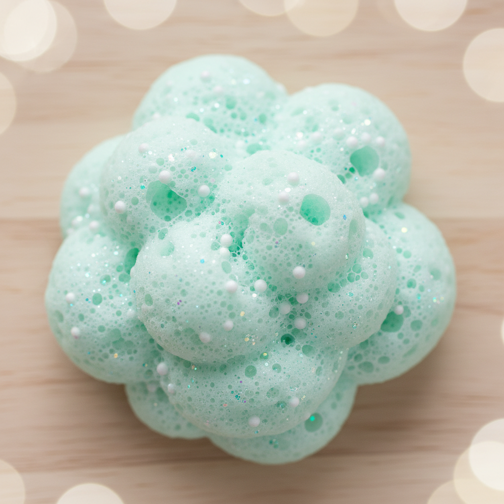 A large swirl of pale mint green foamy slime with white foam beads on a light wood background.