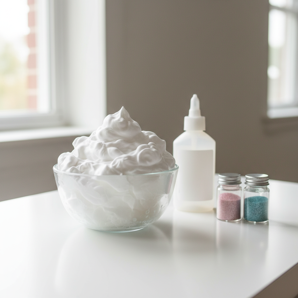 Glass bowl of white shaving foam and clear glue on a white marble surface with soft natural lighting.