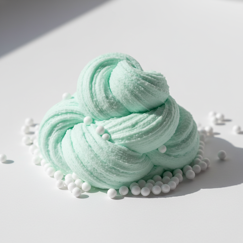 A close-up flat lay of soft, mint green foamy slime with visible air bubbles on a white background.