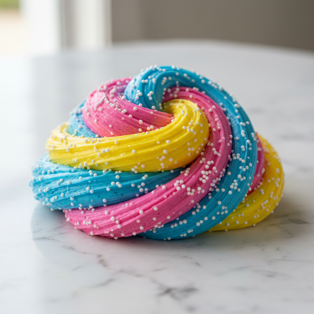 A large, swirling mound of vibrant rainbow floam slime with white foam beads on a white marble surface.