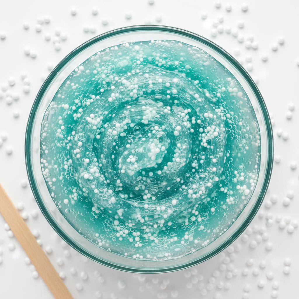Top-down view of teal floam slime in a glass bowl surrounded by scattered white foam beads.